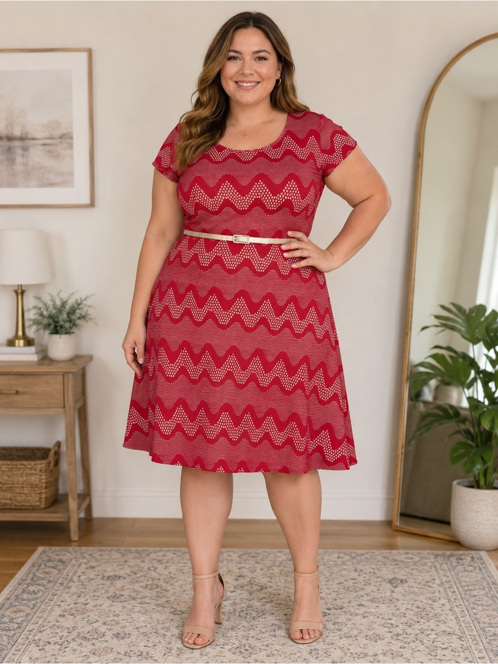 Unique Cleo Red Lace-like Layover Midi Dress